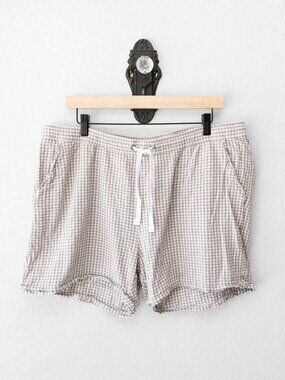 Dash Womens XL Linen Blend Shorts Tan White Gingham Check Drawstring Coastal